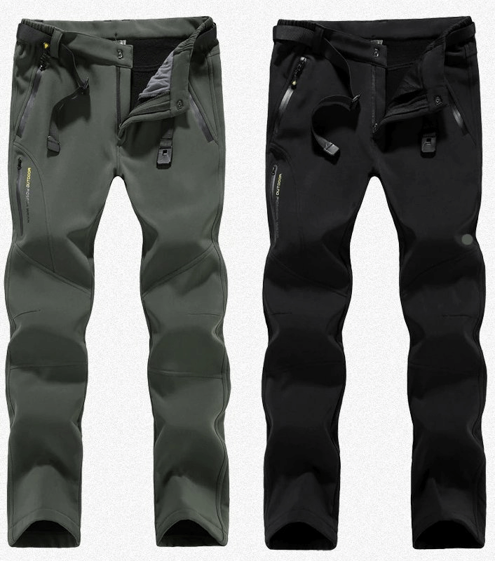 Windproof waterproof fleece women's hiking pants in khaki and black, featuring zipper fly and insulated lining for outdoor adventures.